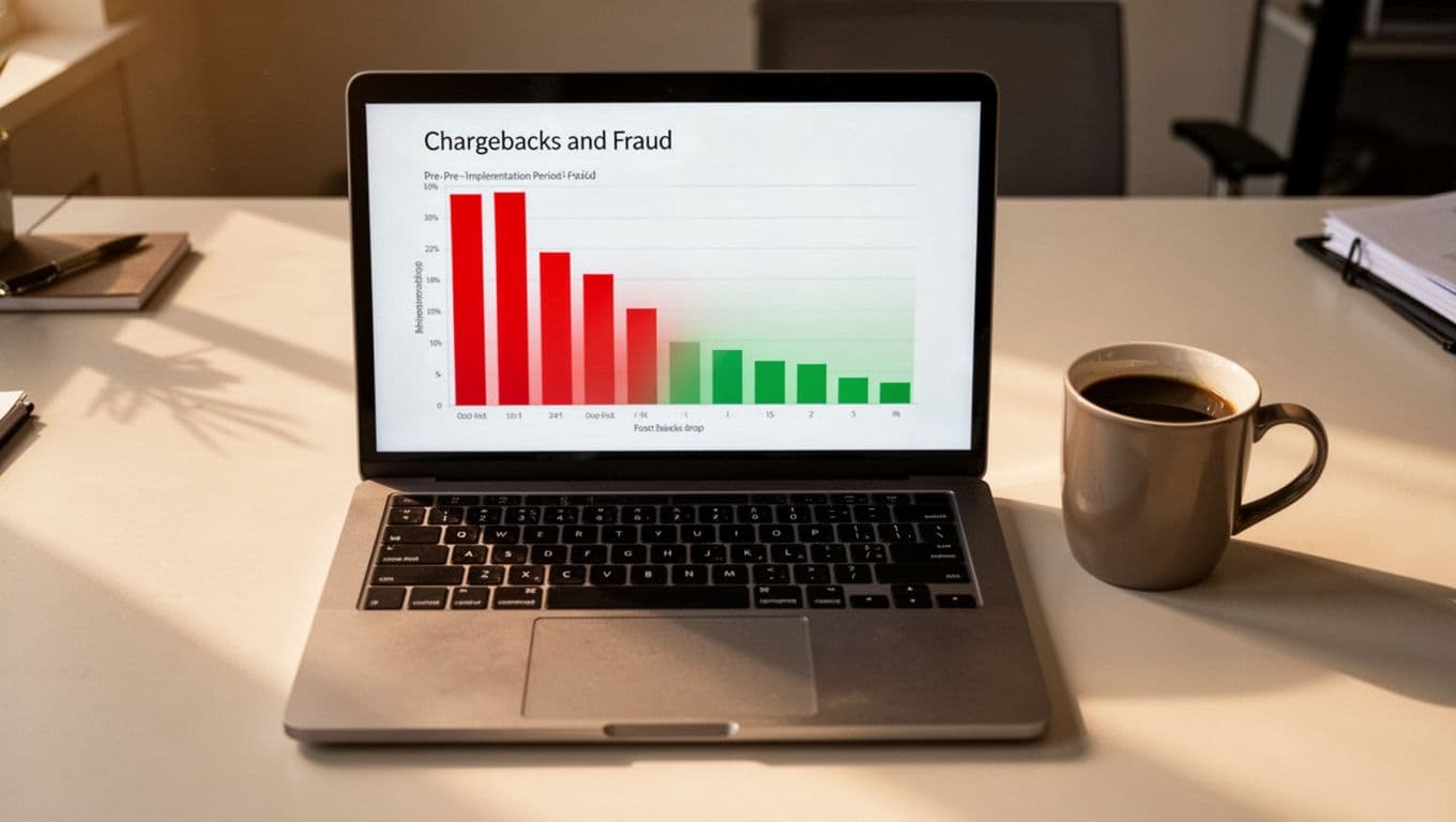Simple bar chart on merchant analytics dashboard showing tall red bars for high chargebacks before and short green bars for sharp drop after behavioral fraud detection rollout, viewed from above on office desk with coffee mug, clean professional style.
