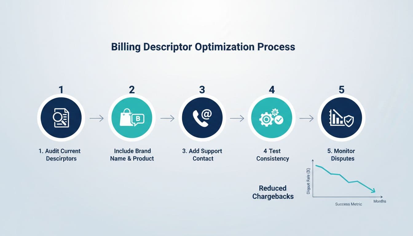 Clean, modern vector infographic in landscape orientation detailing the five-step billing descriptor optimization process, from auditing descriptors to monitoring disputes, with icons, arrows, and a reduced chargebacks graph.
