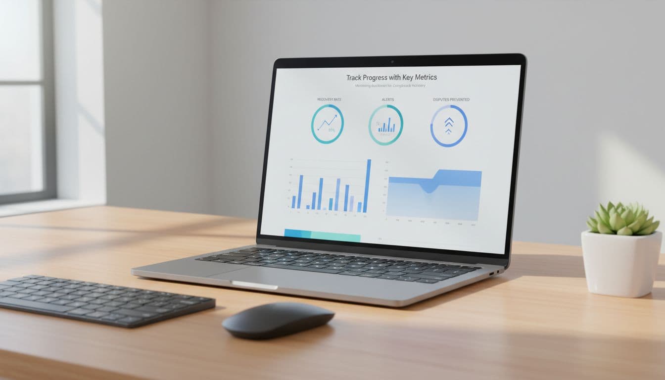 Dashboard screenshot mockup on a computer screen showing chargeback metrics graphs for recovery rate, alerts, and disputes prevented, positioned at a slight angle on a clean desk with keyboard nearby under soft office lighting, featuring abstract blue charts and bars.