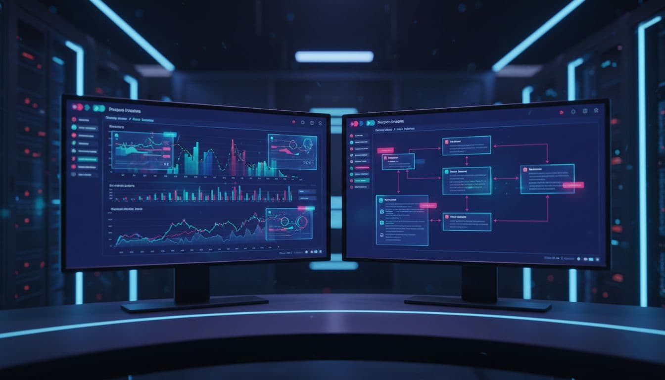 Dashboard of chargeback prevention software displaying real-time alerts and automation rules on dual monitors in a high-tech control room. Graphs and notifications are blurred, realistic rendering with dynamic lighting and no readable text.