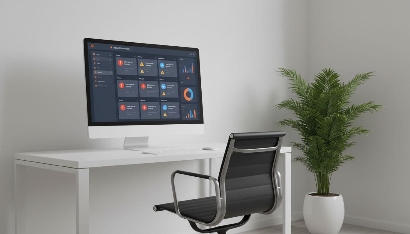Computer monitor in a modern office displays a merchant dashboard with chargeback alerts, prevention rules, and warning icons for risky orders, realistic style with soft lighting, one chair and plant nearby.