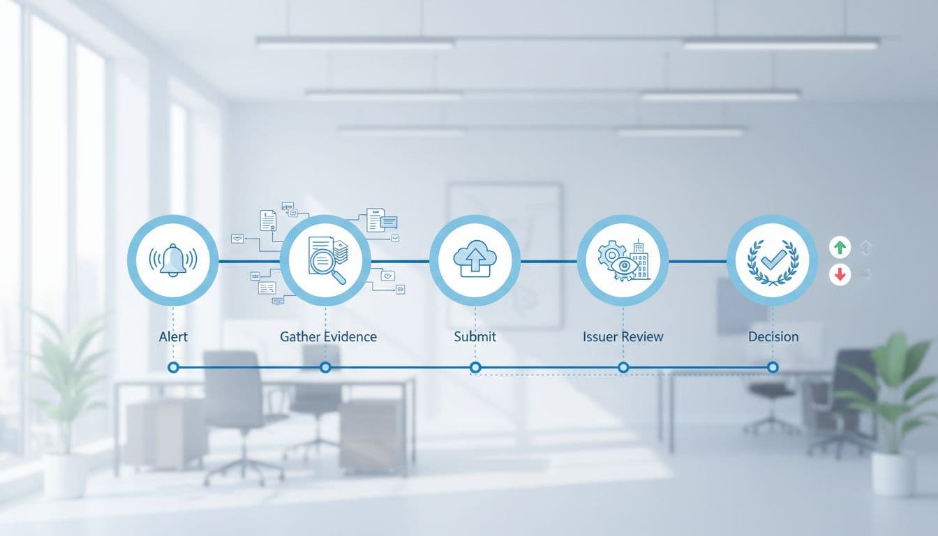 Clean horizontal timeline illustration depicting the five key stages of the chargeback representment process for merchants: alert, gather evidence, submit, issuer review, and decision, in a modern office setting with icons and soft blue tones.