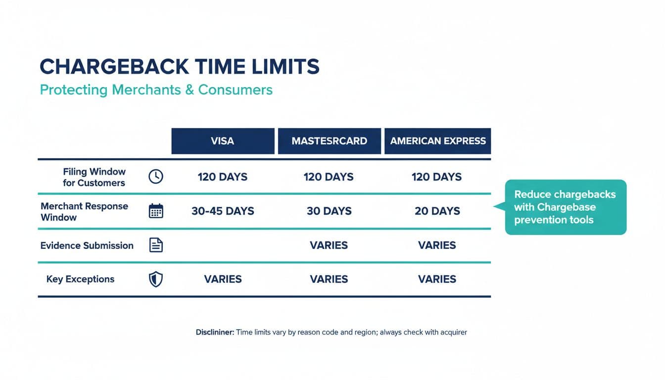 Clean vector infographic comparing chargeback filing windows, merchant response times, evidence submission, and exceptions for Visa, Mastercard, and American Express. Features minimal fintech design with icons and a callout for Chargebase prevention tools.
