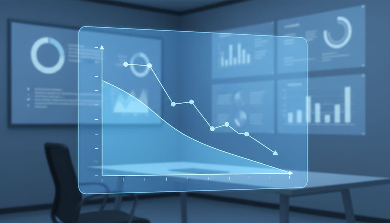 Illustration of a downward trending graph on a digital screen showing reduced chargeback rates over time for an e-commerce business, featuring a minimalist office background with charts and metrics in soft blue lighting and professional infographic style.
