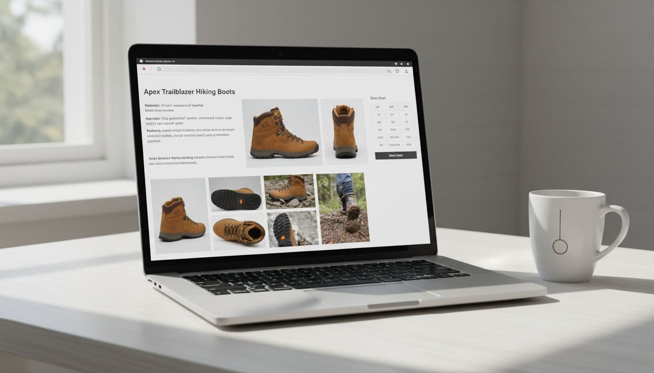A laptop screen shows an e-commerce product page with detailed description, high-quality photos from multiple angles, and a visible size chart, set on a simple office desk with one coffee mug nearby under natural daylight in a clean modern style.