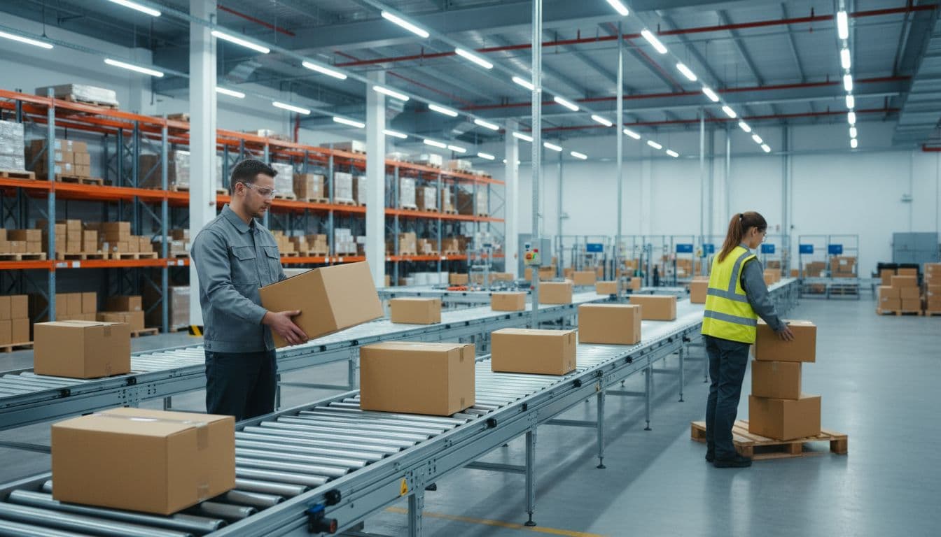 Modern dropshipping fulfillment warehouse featuring two workers carefully handling boxes for shipping, conveyor belt in the background, bright industrial lighting, realistic photo style.