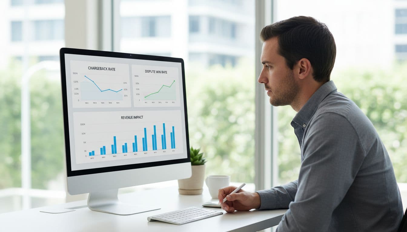 An analyst in a modern office reviews a computer screen displaying charts for chargeback rate, dispute win rate, and revenue impact on a clean professional ecommerce dashboard with natural daylight lighting.