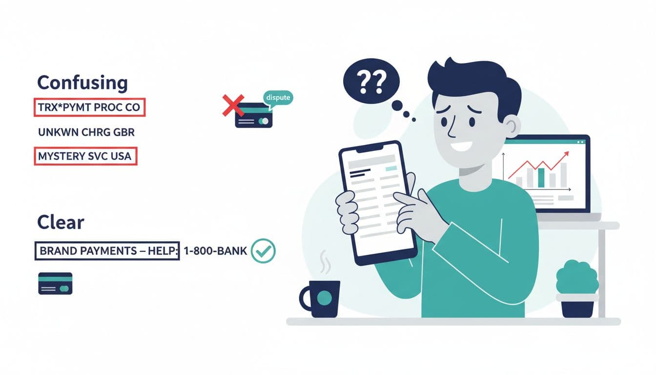 Vector-style illustration of a customer frustrated by confusing billing on a phone bank statement, smiling at a clear branded descriptor with contact info. Features credit card icons, crossed-out disputes, office desk background in navy, teal, and gray flat design.