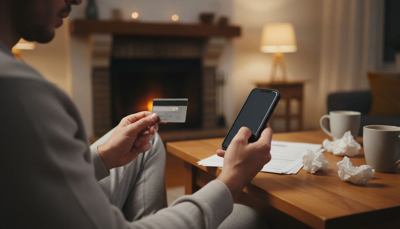Upset customer at home table holding credit card and phone after disputing an online purchase, showing frustrated expression in cozy living room with warm indoor lighting.
