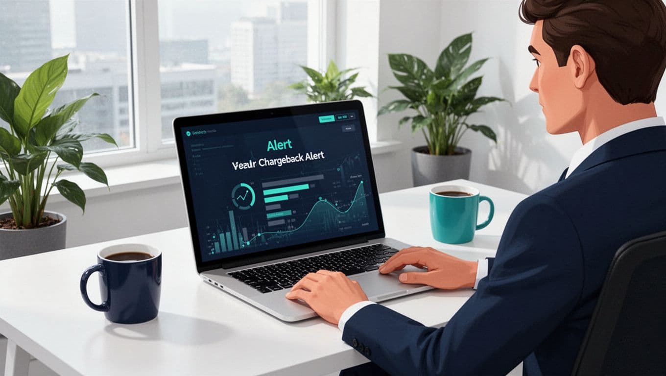 Professional office desk scene with a merchant viewing a chargeback alert on a laptop screen at a slight angle, coffee mug nearby, and natural daylight from a window. Flat vector illustration in navy and teal colors matching fintech SAAS aesthetic, high contrast, minimal details, landscape orientation.