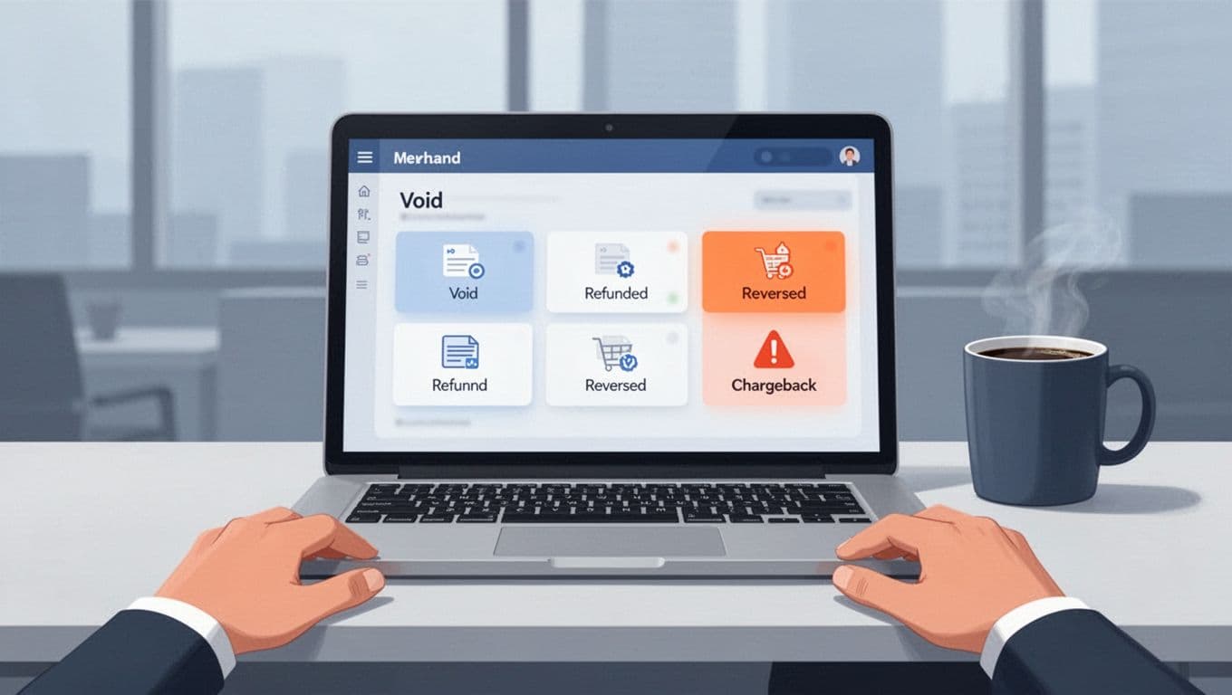 Clean vector flat design illustration of a laptop screen showing a merchant dashboard with payment statuses: void, refund, reversal, and chargeback alert. Centered on a desk with coffee mug, hands, neutral background in blue/gray tones with orange chargeback icon.