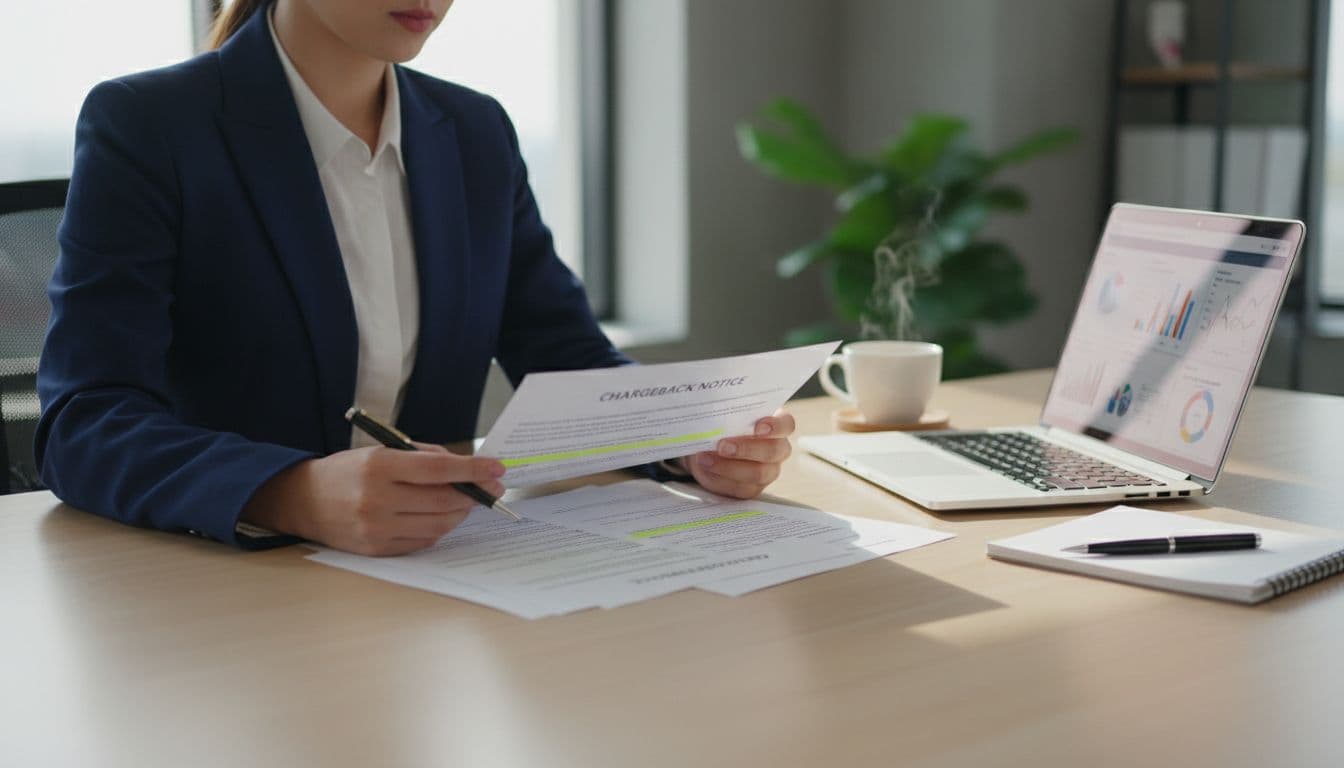A business professional in a modern office sits at a wooden desk, reviewing a printed chargeback notice with key sections subtly highlighted in yellow, alongside an open laptop dashboard, coffee mug, and notepad under natural daylight.