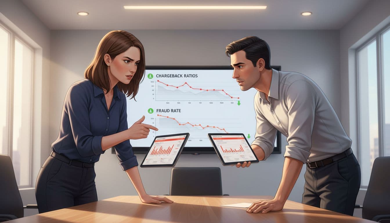 Illustration of a merchant team of two people reviewing chargeback alerts on tablets in a bright conference room, discussing with focused expressions amid charts on the wall showing declining ratios. Realistic style with soft office lighting, hands resting on table, no extra people or text.