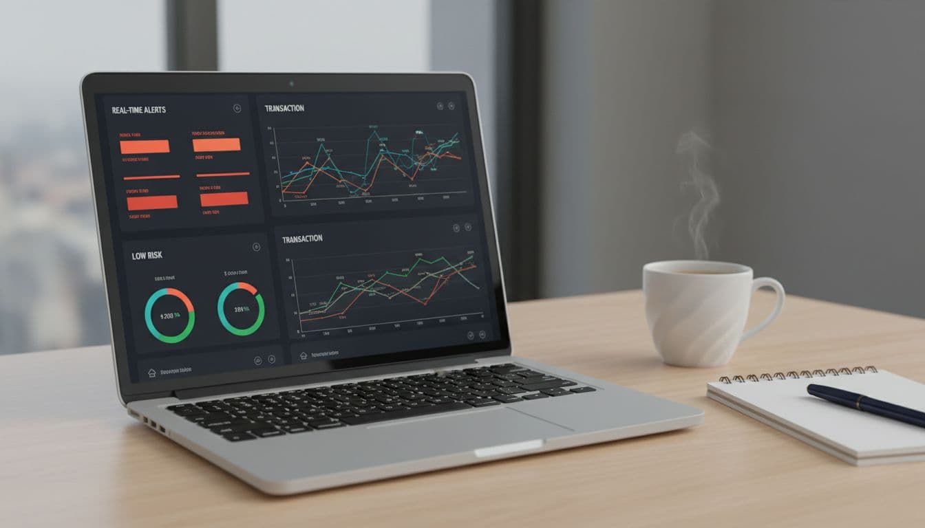 Modern e-commerce dashboard on a laptop displaying real-time chargeback prevention alerts, low risk indicators, and transaction graphs on a clean office desk with a notebook and coffee cup nearby, professional lighting, landscape composition focused on screen and props.