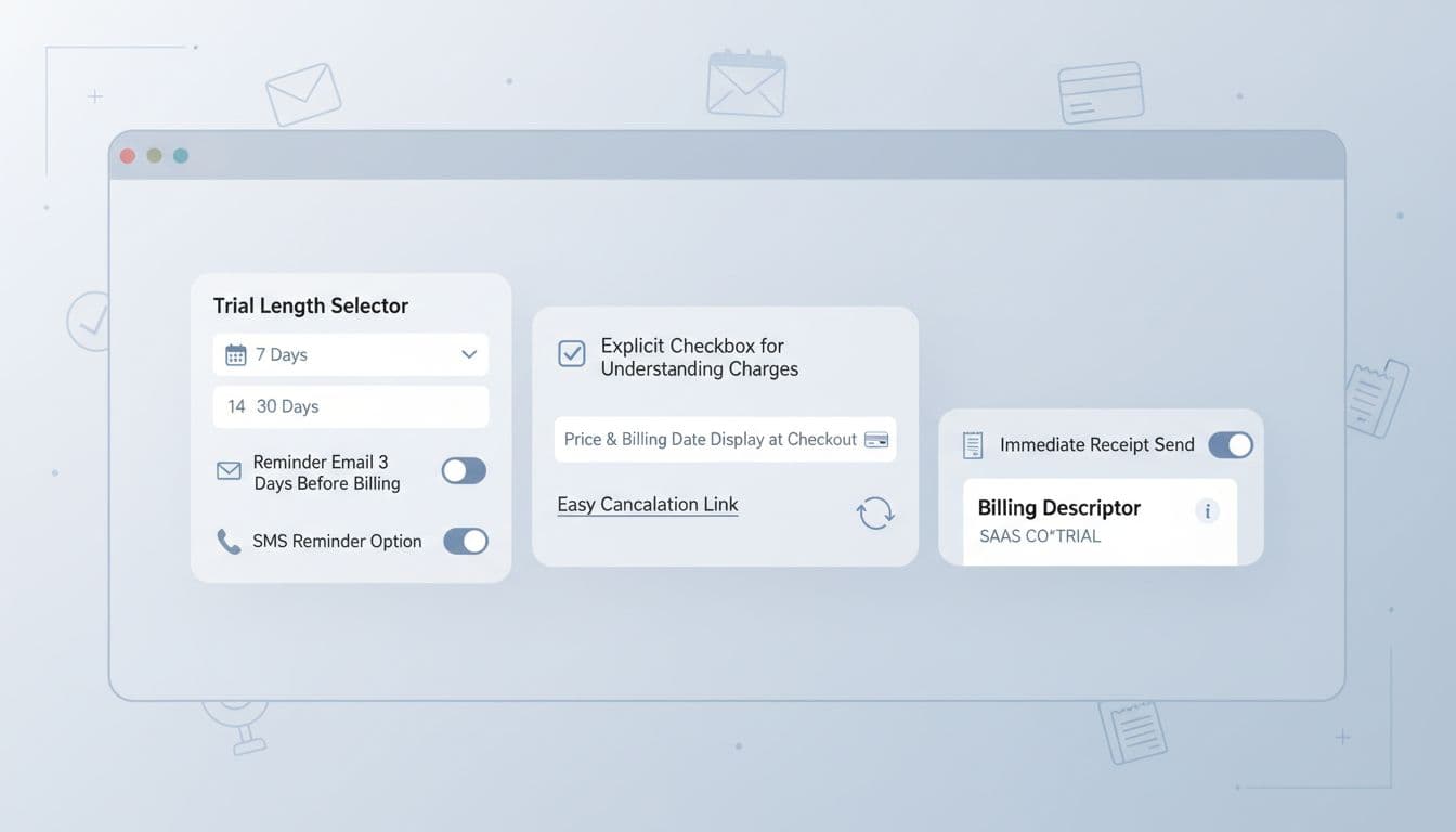 Clean, minimalist landscape illustration of a SaaS dashboard for free trial billing settings to prevent chargebacks, with toggles for trial length, email/SMS reminders, charge checkboxes, pricing display, cancellation links, and billing previews on a subtle blue-gray gradient background.