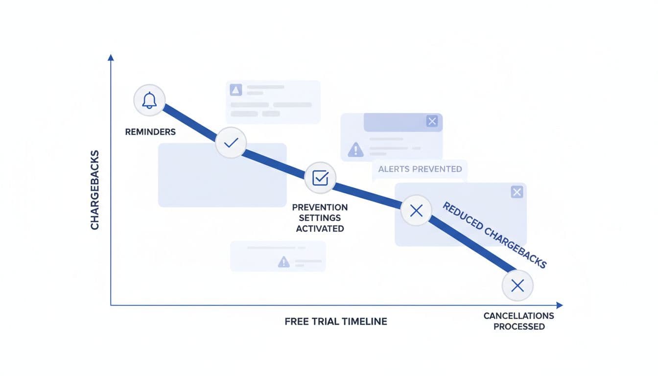 Clean, modern SaaS illustration of a downward-trending line graph showing reduced chargebacks for free trials after prevention settings, with icons for reminders, checkboxes, and cancellations on a minimalist dashboard background.