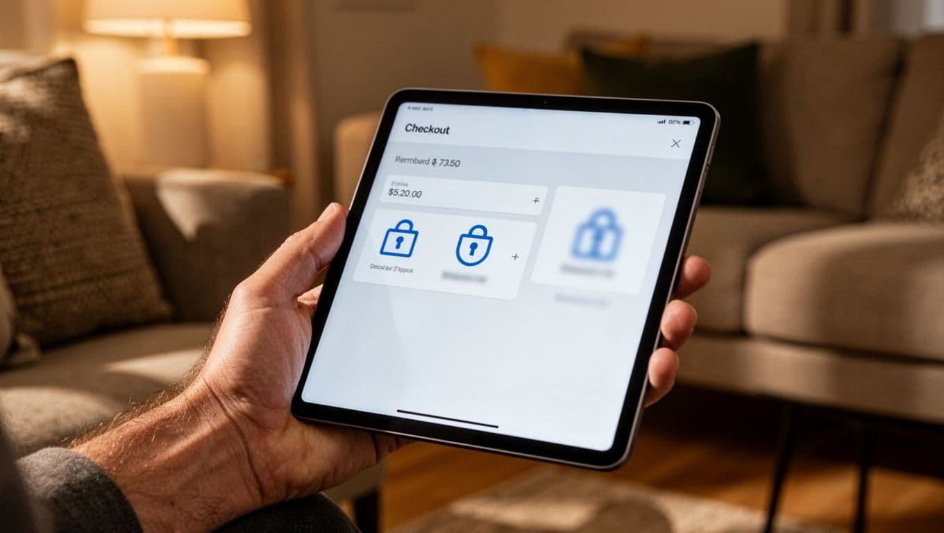 Hand holding a tablet displaying a secure BigCommerce checkout page in a cozy home setting with blurred security badges and warm lighting, implying smooth user flow.