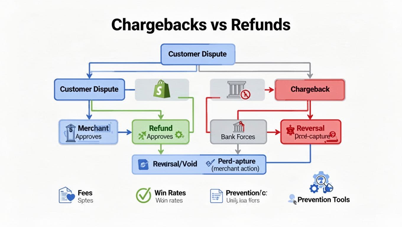 Vector-style flat design infographic depicting a simple flowchart for handling chargebacks versus refunds in Stripe and Shopify, with color-coded paths for refunds (green), chargebacks (red), and reversals/voids (blue), including icons for fees, win rates, and prevention tools.